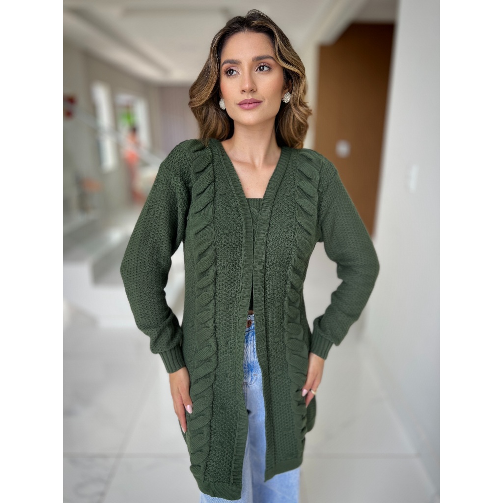 Casaco Cardigan Feminino trançado Quente Tricot com Manga longa Aberto Sobretudo Outono/Inverno