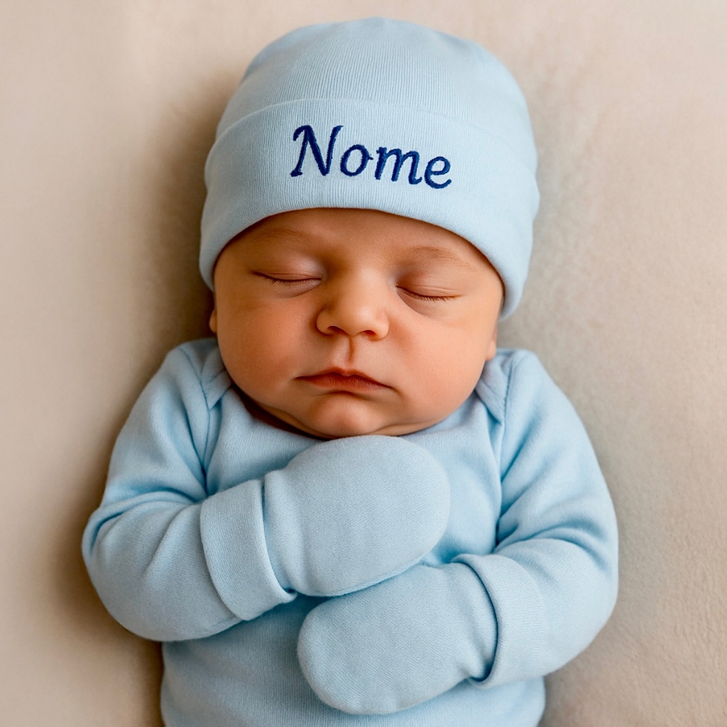 Touca Com Nome Bordado E Luva Para O Enxoval Do Bebê Malha 100% Algodão Bebê Menino Azul