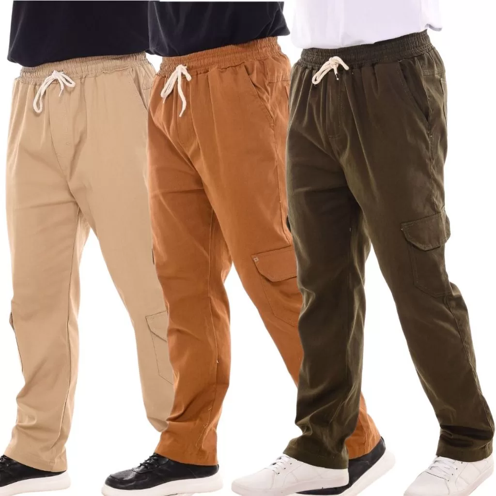 Kit 3 Calça Tecido De sarja Bolso Lateral Boca Larga