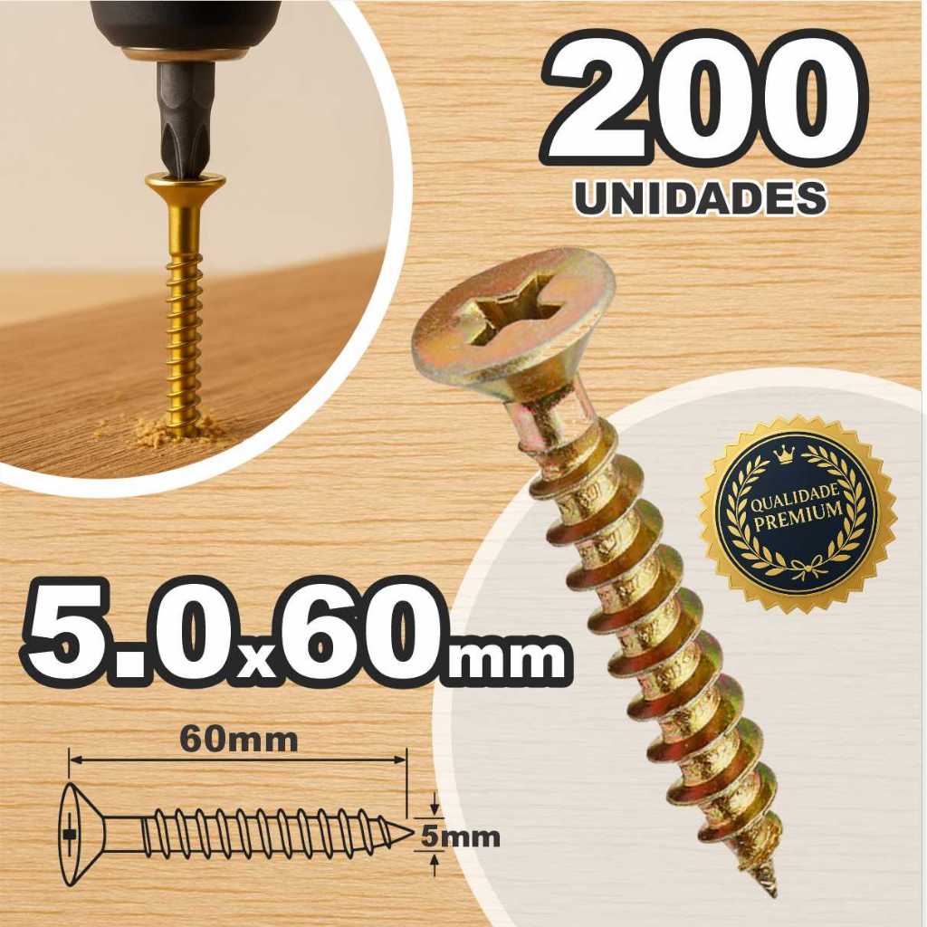 Caixa Parafuso 200 Unidades 5.0 X 60 Chipboard Philips Para Madeira MDF Moveis Drywall