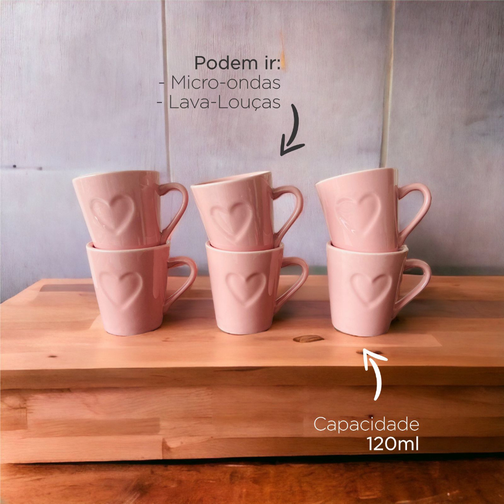 Kit 6 Canecas Xicaras Café Porcelana 120ml  Rosa Coração Relevo