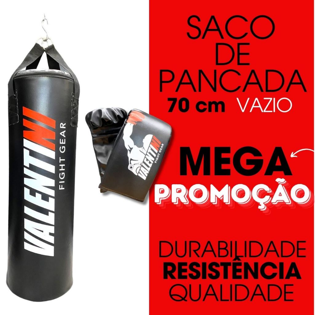Saco de Pancada VALENTINI  70 cm – Treino Boxe Muay Thai  – Alta Resistencia + Luva Bate Saco Preta