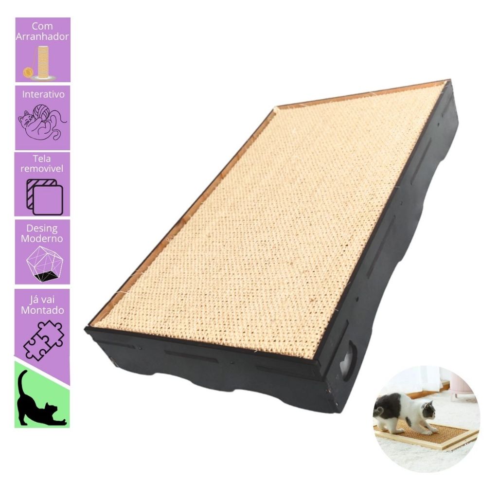 Brinquedo Arranhador Afiador Garras Gatos de Chão MDF Tela Juta Sisal Pet Rampa Reta