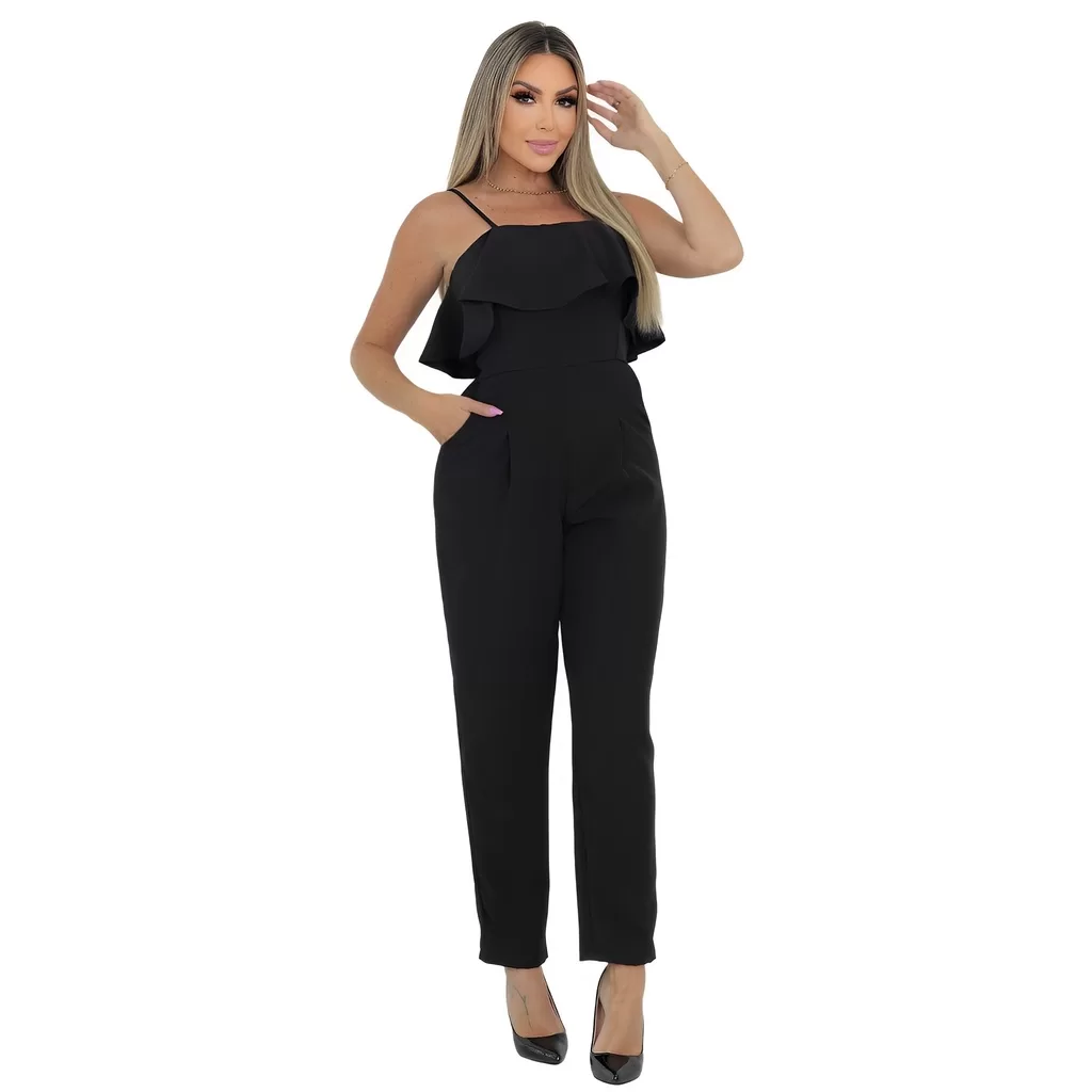 Macacão Com Babados Feminino Longo Alcinha Ziper Bolsos