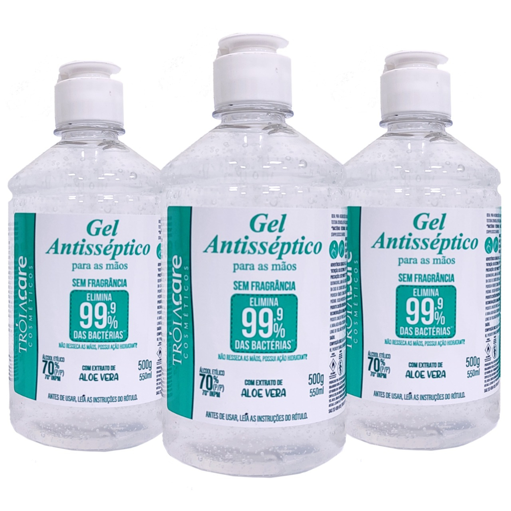 3 Unid Álcool em Gel Antisséptico 70% INPM Galão de 500ml Aloe e Vera