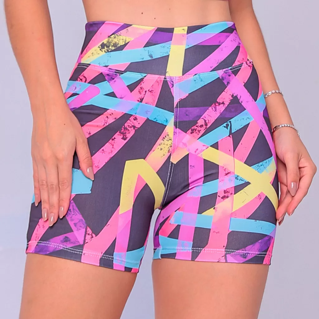 Short Feminino Meia Coxa Cintura Alta Suplex Esportivo Academia Fitness Estampada Traços Neon Colori