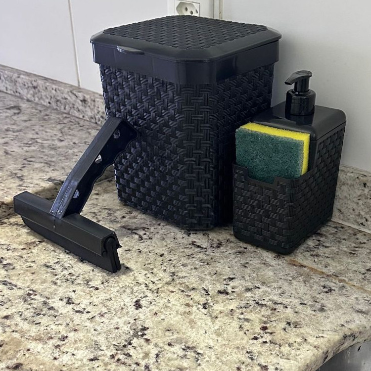 Jogo de Pia Rattan Lixeira 05 Litros Porta Deterge