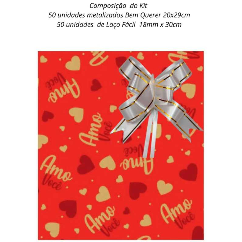 Kit Saco Metalizado + Laço Facil Bem Querer PC Kafe Embalagens 50 und
