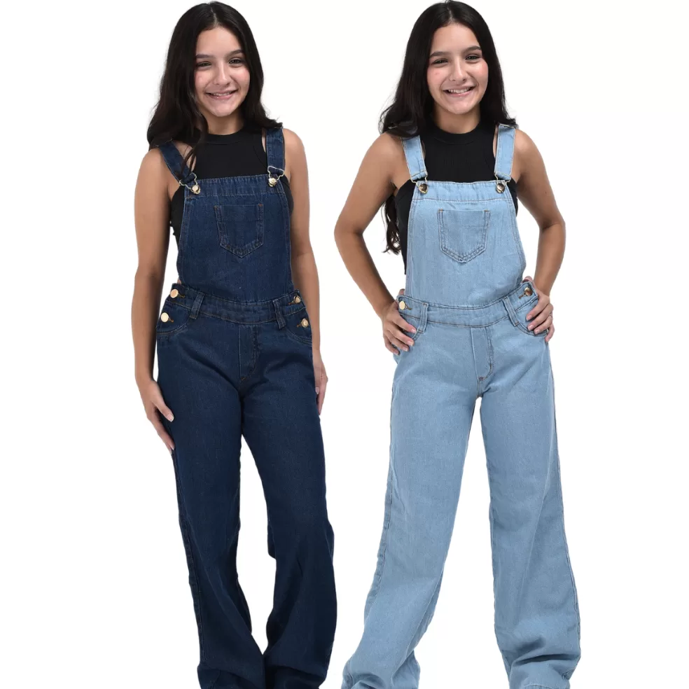 Kit com 2 jardineiras calça feminina jeans com alça macacão 10 ao 16