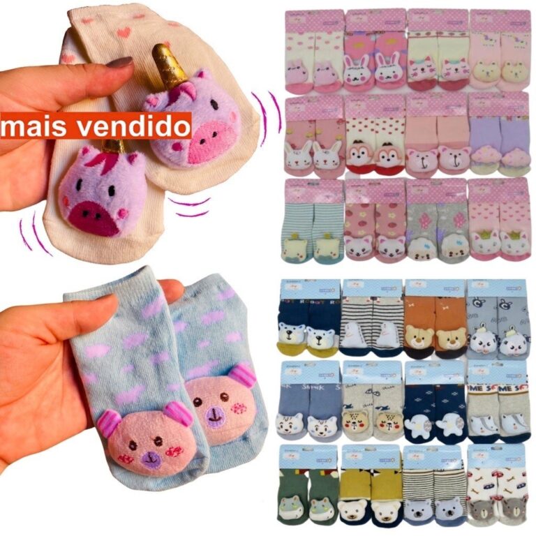 Kit 03 ou 06 Pares Meia Infantil 3D com Chocalho d