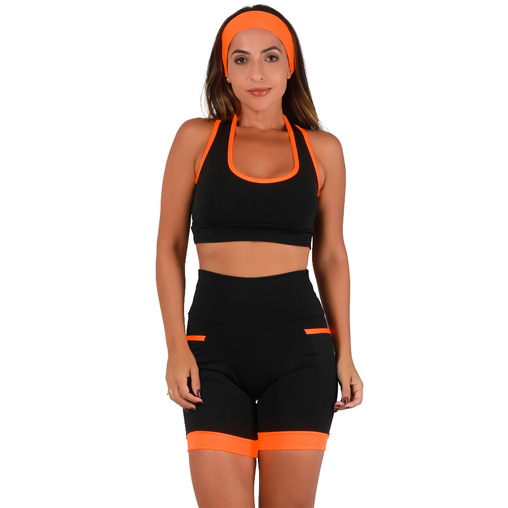 Conjunto De Corrida Fitness Feminino Academia Top alta Compressão e Bermudas Com Bolsos Laterais