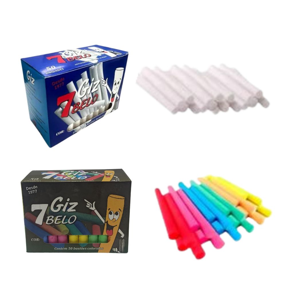 Giz Escolar Plastificado 50 Unidades Colorido ou Branco – 7 Belo