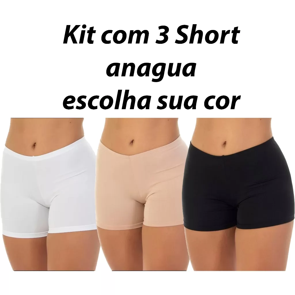 Kit 3 Short Anágua Segunda Pele Shortinho Íntimo Cintura Alta poliamida