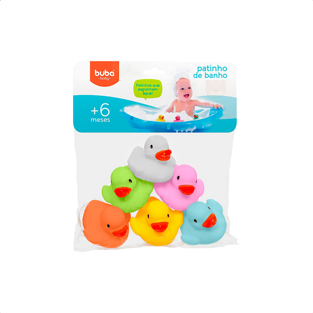 Kit 6 Patinhos de Banho Buba Brinquedo Colorido para Bebês Infantil Estimulo Sensorial Livre de BPA