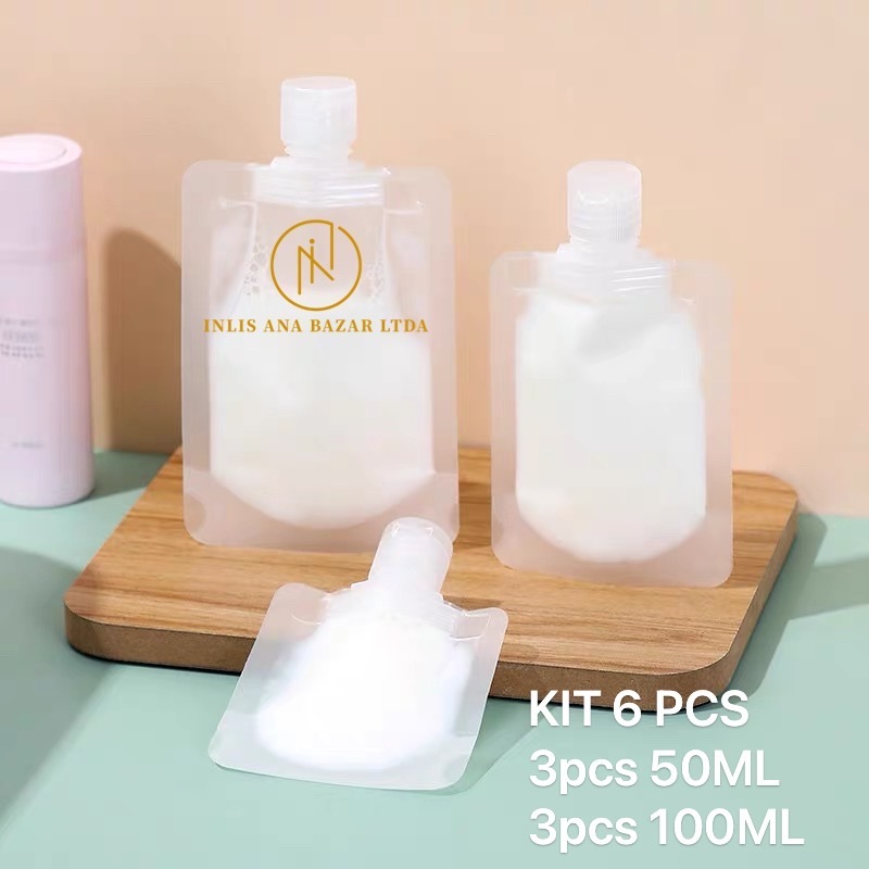 KIT 6 PCS saco frasco multiuso plástico 100 ml/50ML para amostras de embalagem de loção dobrável par