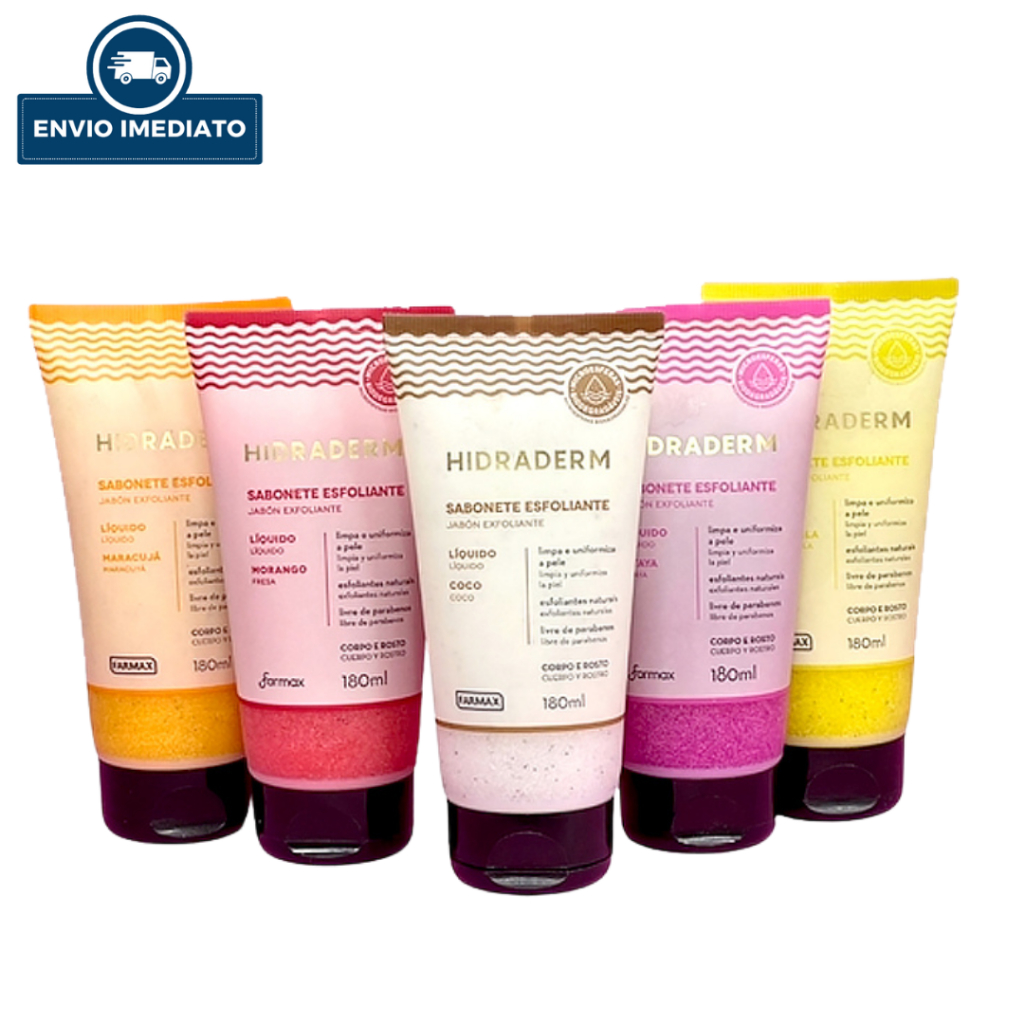 Sabonete Líquido Esfoliante Hidraderm Morango, Pitaya, Camomila, Coco, Erva Doce, Maracujá 180ml