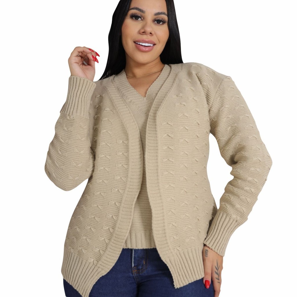 Casaco e Blusa Tricô Feminino Conjunto Twinset Outono Inverno