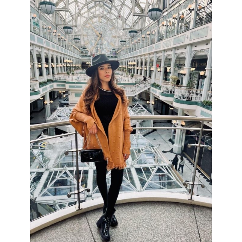 Poncho em Tricot Xale Encharpe Pipoca com Franjas Inverno 2024