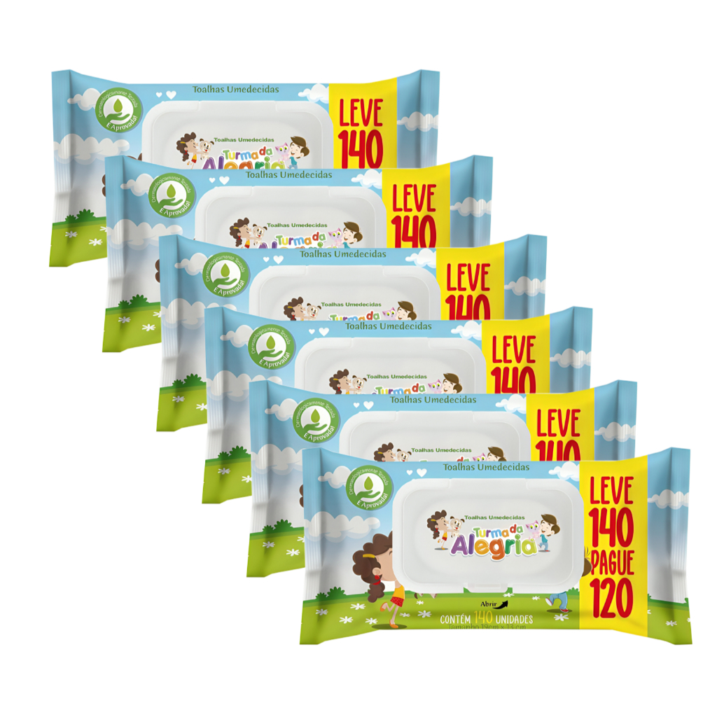 Kit C/6 Toalha Umedecida Turma da Alegria  Leve 140 Pague 120 Total 840 unidades
