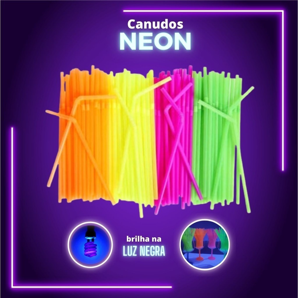 Canudo Neon Festa Neon Flexível Biodegradável 40 Unid