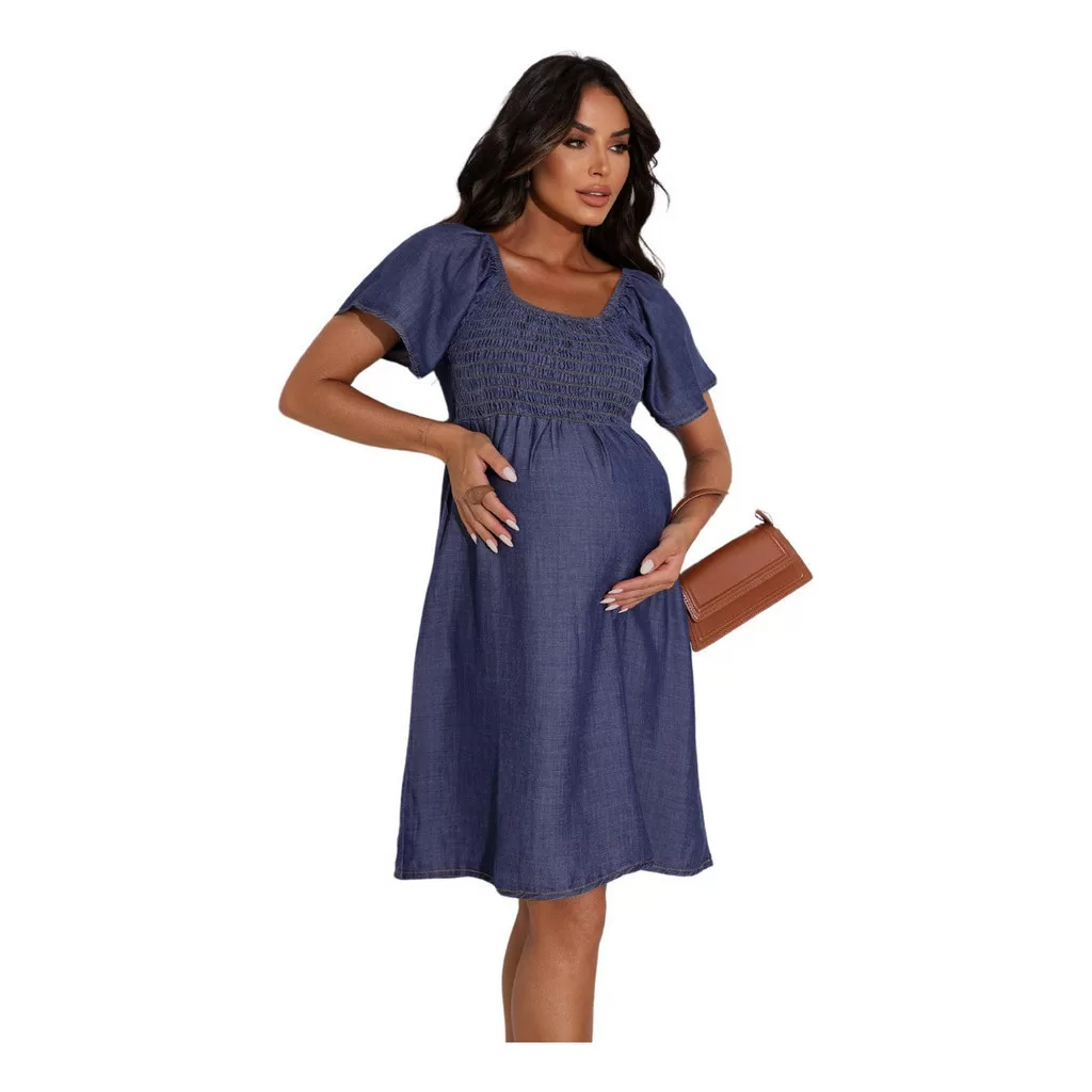 Vestido Gestante Curto Jeans Estiloso Lastex No Busto Grávida Maternidade
