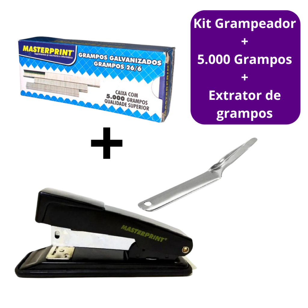 Kit Grampeador Metal + 5.000 Grampos 26/6 Galvanizados + Extrator de Grampos Escolar Escritório MAST