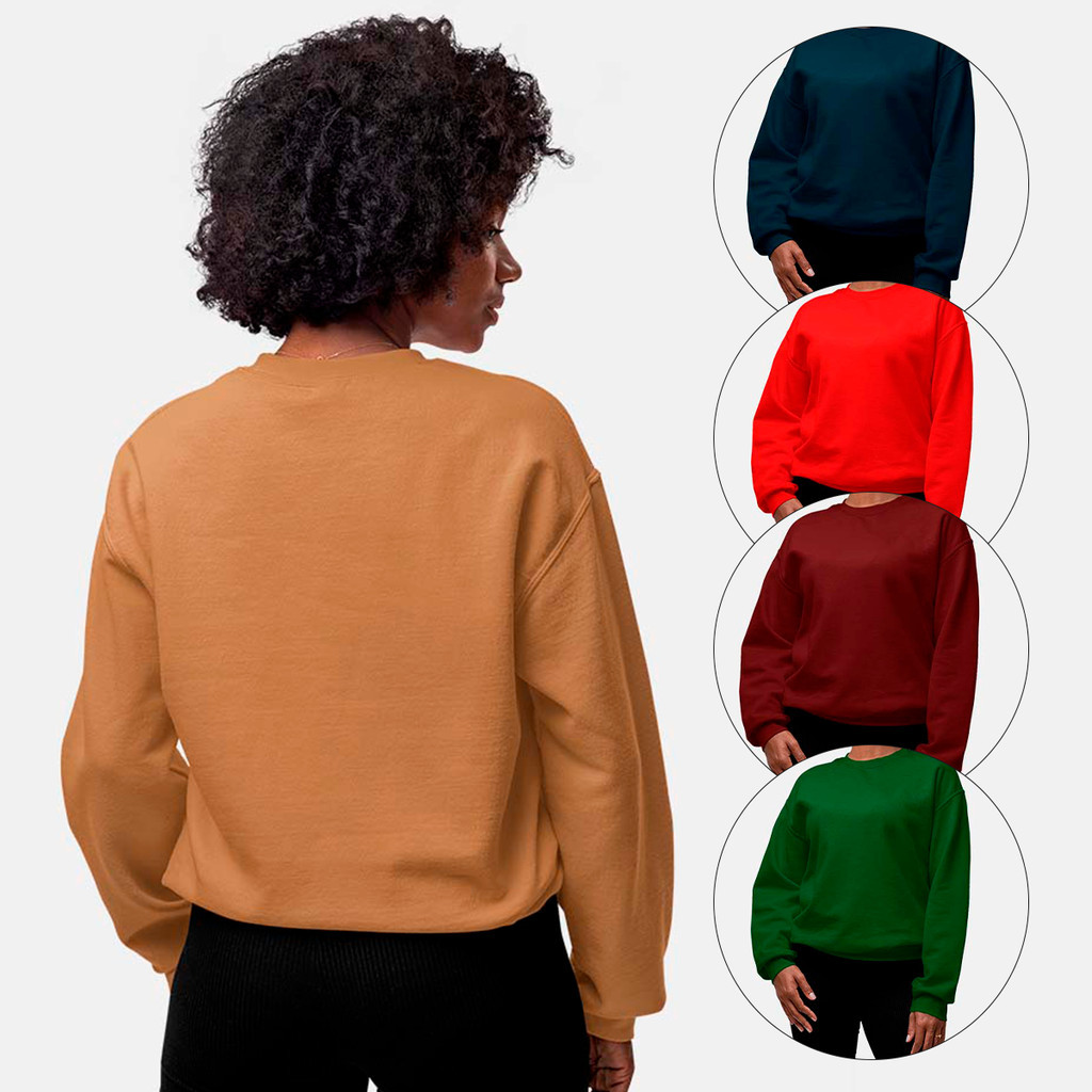 Blusa de Frio Feminino Unissex Colorido Diversas Cores Moletom de Algodão Liso Fechado Gola Careca R