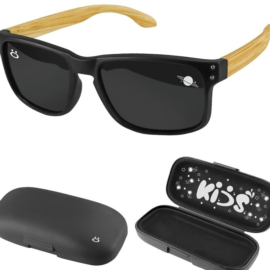 Oculos Sol Infantil Praia Proteção UV Madeira Preto + Case Presente Criança Resistente Casual Verão