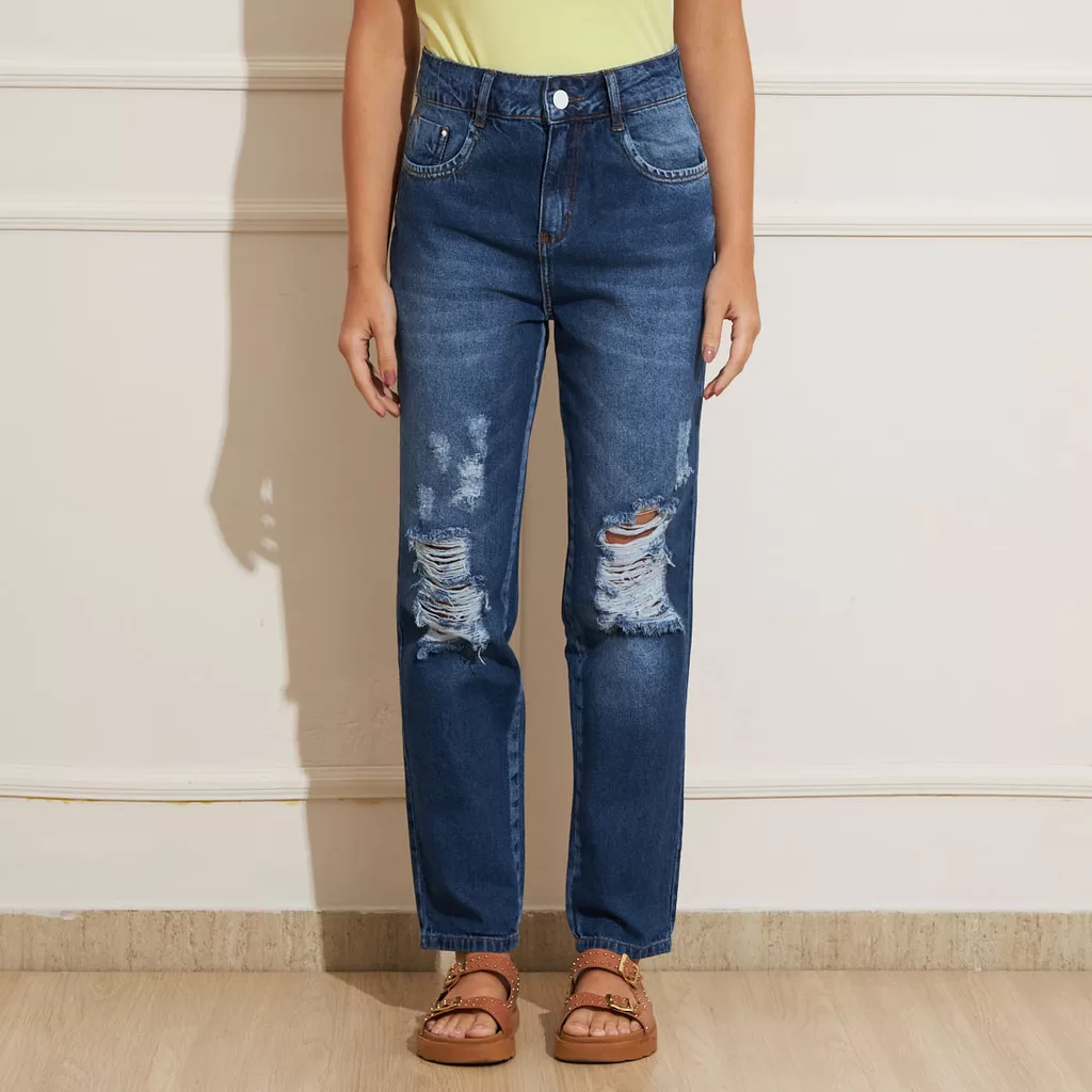 Biotipo Calça Mom Jeans Feminina Destroyed Azul