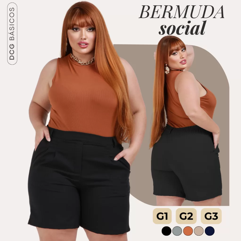 Bermuda Short Feminino Plus Size Linho Corte Alfaiataria Social G1 ao G3 Dia das Mães
