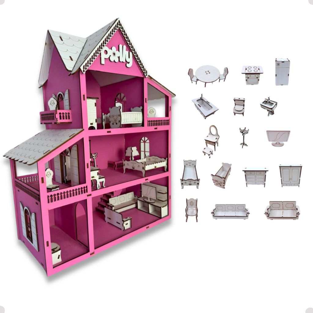 Casa De Boneca Brinquedo Infantil Em Mdf Colorido – Casa + 19 Mini Móveis