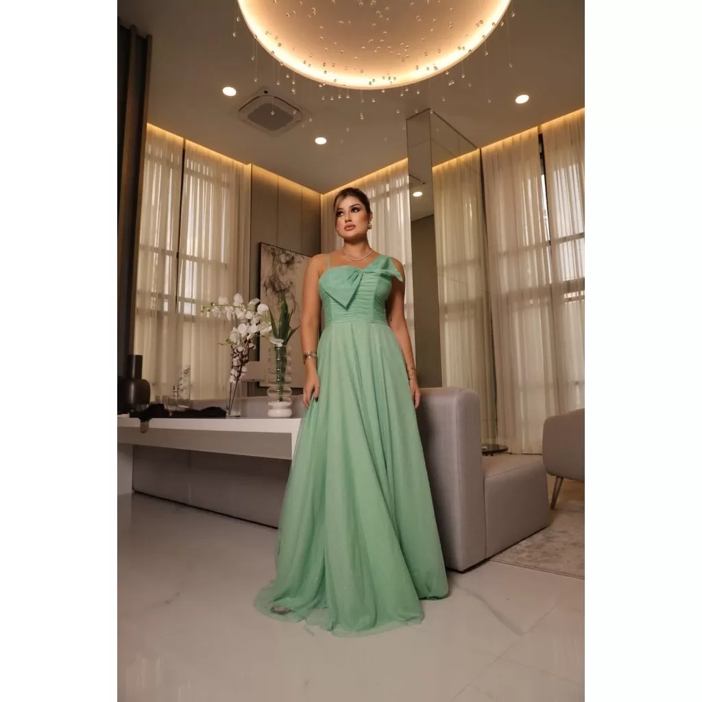 Vestido Feminino Longo de Festa Com Laço e Alcinha Tule com Brilho com Fenda Casamento Formatura