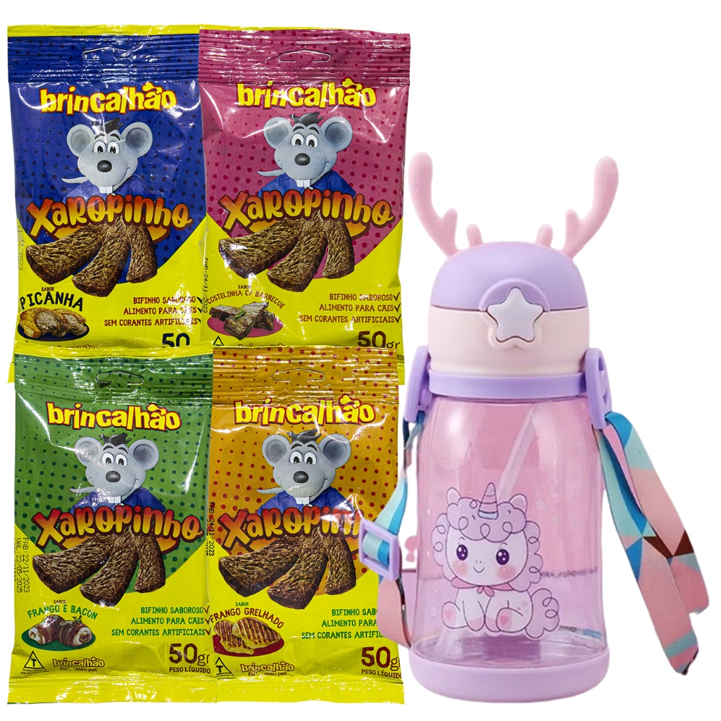 Kit 04 Bifinhos Petisco Cachorro Xaropinho Brincalhão + Brinde Garrafinha