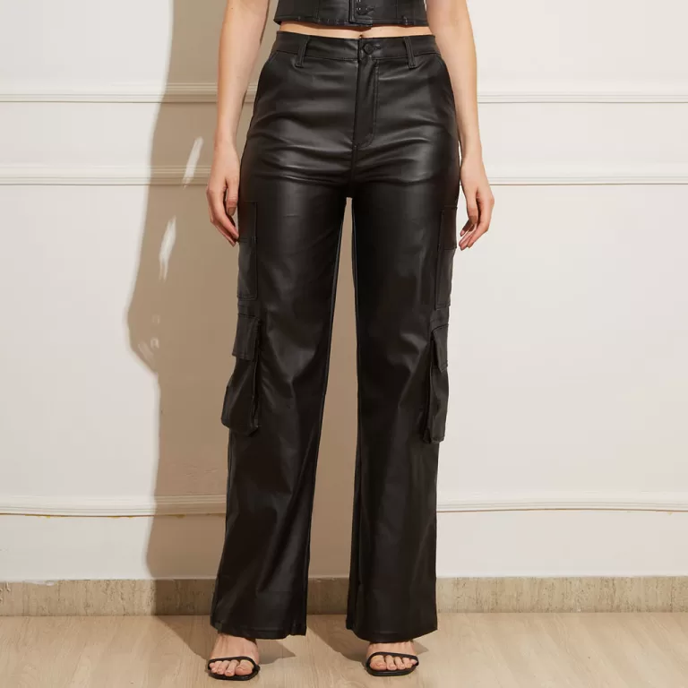 Sawary Calça Feminina Reta Couro Ecológico Resin
