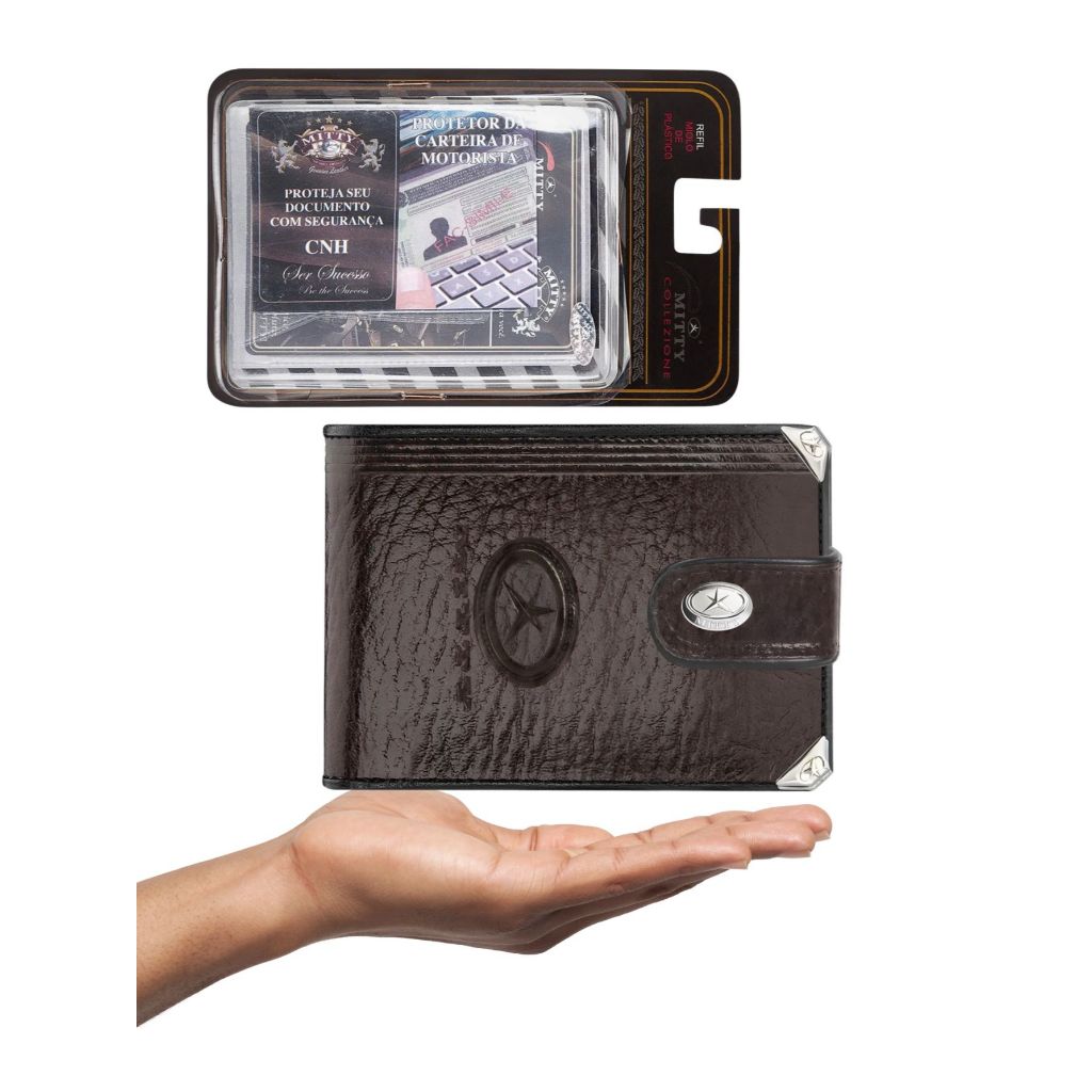 Kit Carteira Masculina Grande Mitty Couro Legítimo + Refil Mitty M2F PLM2 CAFE