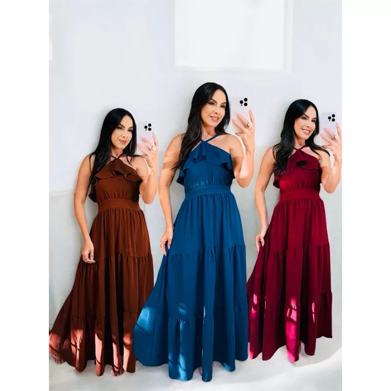 vestido longo frente babado