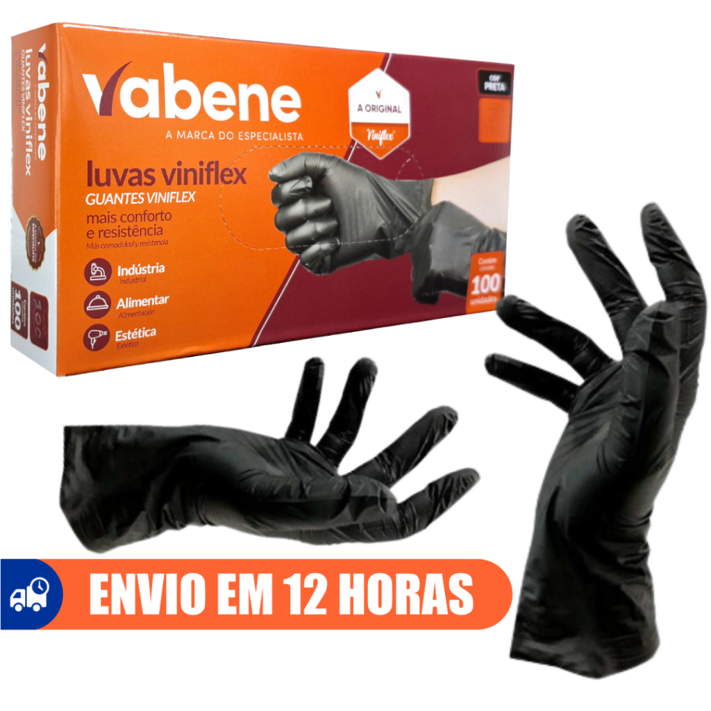 Luva Descartável Preta Sem Pó TPE Vinil Viniflex 100un Vabene