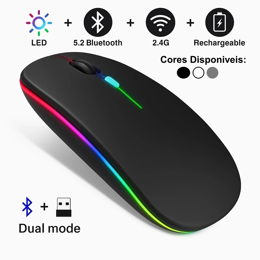 Mouse Sem Fio com Bluetooth Recarregável Wireless Led Rgb Ergonômico TECNO SHOP BR
