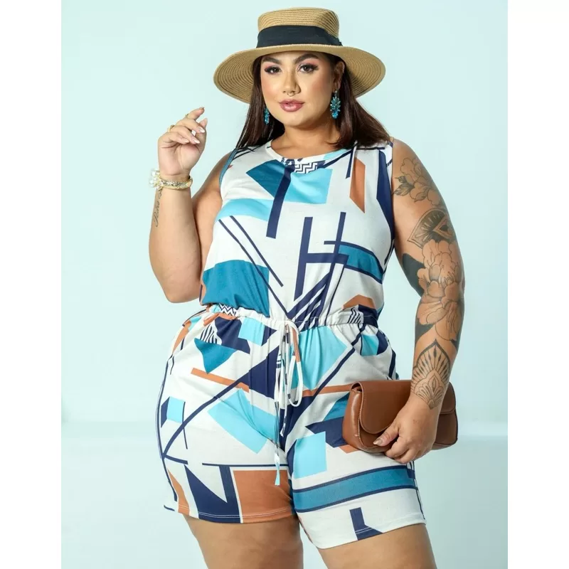 Macaquinho PLUS SIZE feminino estampado verão praia alça larga regata short moda casual dia a dia ve