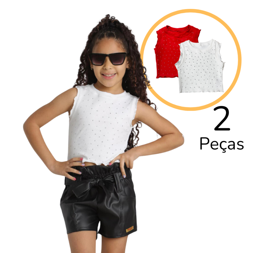 Kit 2 Cropped Infantil Blusinha Ribana Brilho Strass Menina Elegante Fim de Ano Natal Ano Novo