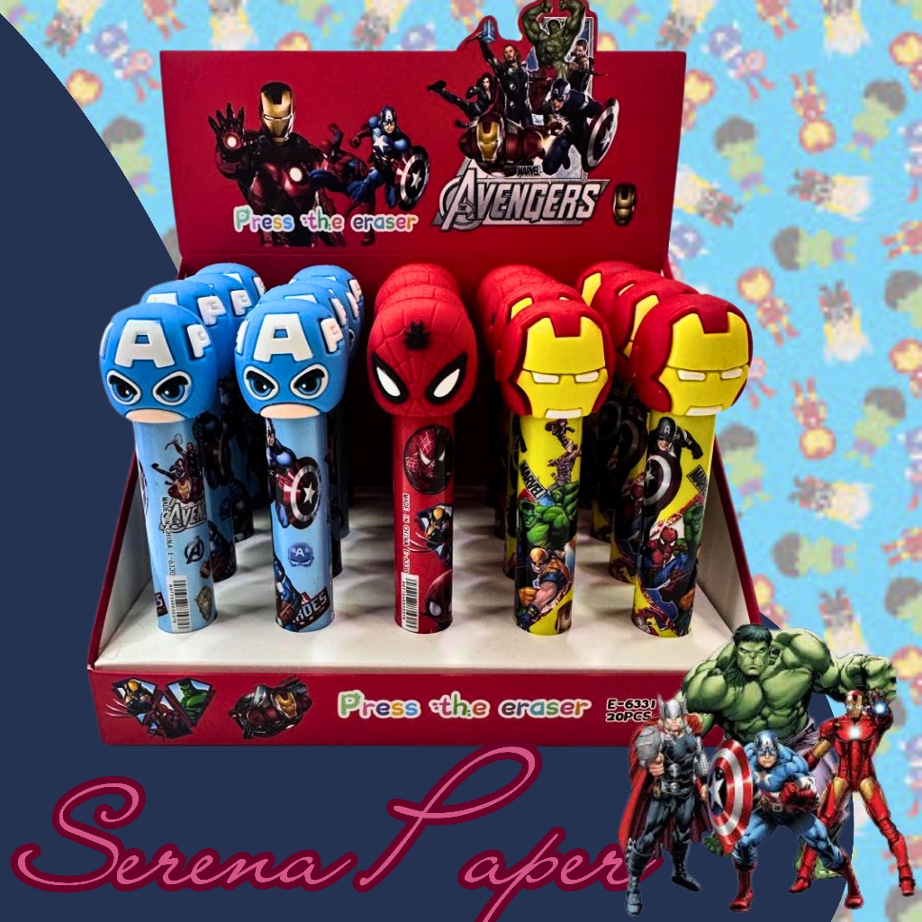 CANETA BORRACHA 3D AVENGERS / HERÓIS / PAPELARIA FOFA KAWAII / MATERIAL ESCOLAR
