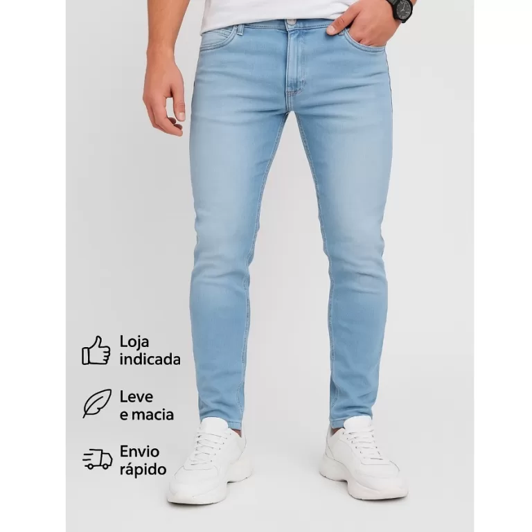 Calça jeans skinny masculina, em denim azul claro