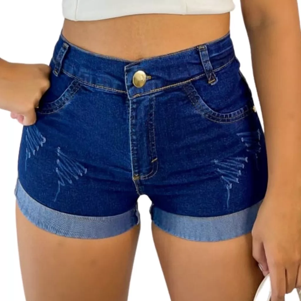 Short Jeans Feminino Barra Dobrada Azul Escuro Detalhes Delicados Cintura Alta Valoriza a Silhueta