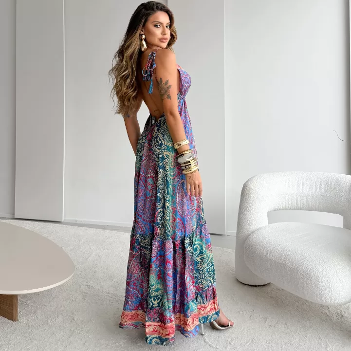Vestido Indiano de Seda Longo Boho Chic estampado 