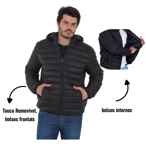 Jaqueta Masculina Puffer Preta De Ziper com Touca 