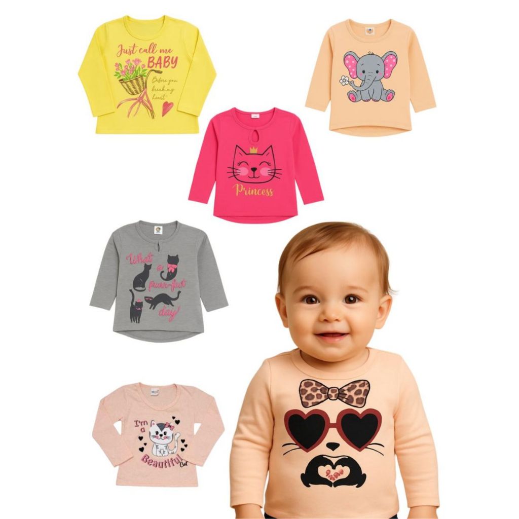 Kit com 5 Camisetas Manga Longa Infantil Variadas Feminina Tamanho 1 e 2 Anos