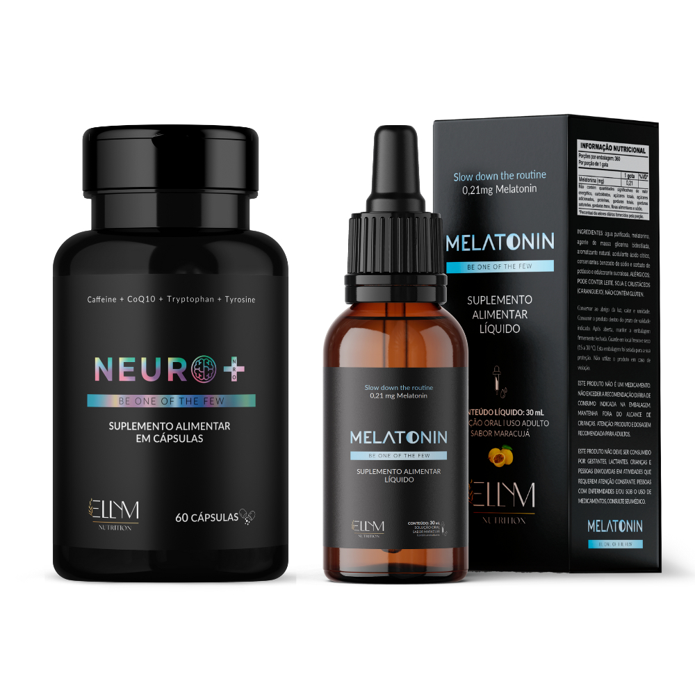 Kit Neuro+ Nootropico + Melatonina Gotas Sublingual ELLYM NUTRITION Suplemento Sono Foco Saúde
