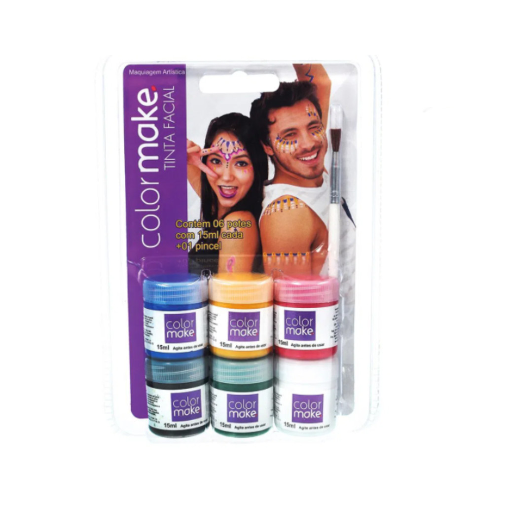 Tinta Facial Líquida 6 Cores 15ml + Pincel Color Make – Kit Completo para Maquiagem Artística