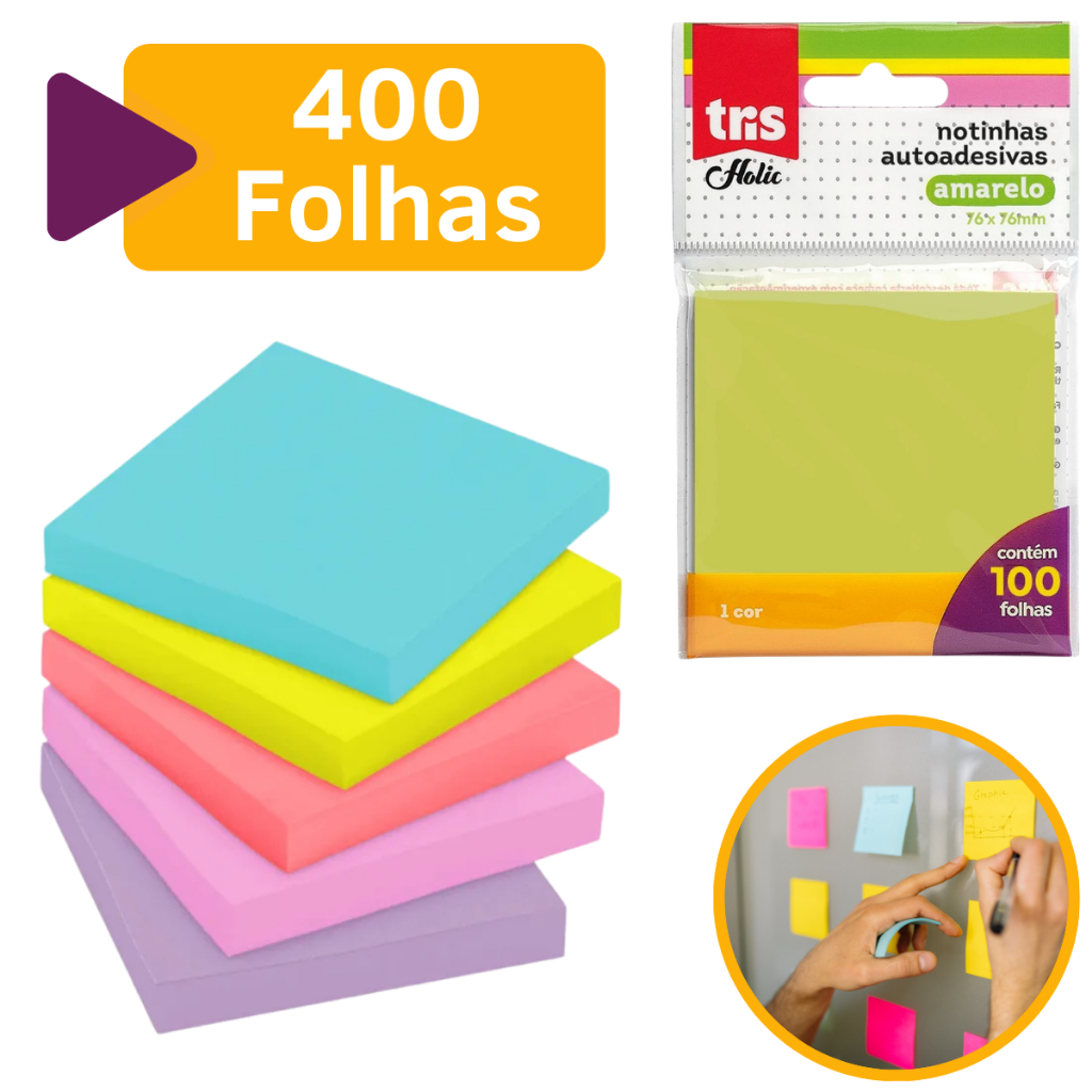 Kit Bloco de Notas 76×76 Colorido 400 Folhas Adesivo Anotações Fofo Barato Pequeno Anotação Mural