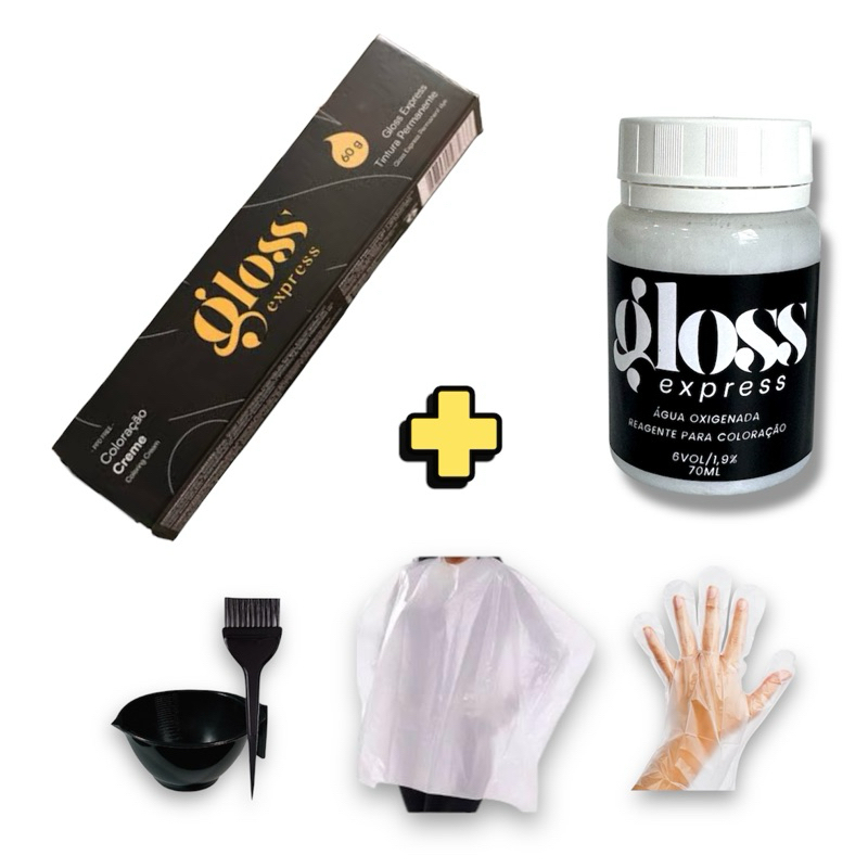 Tintura Permanente Tom sem Tom, Gloss Express kit tintura, revelador, cumbuca, pincel, luvas, capa